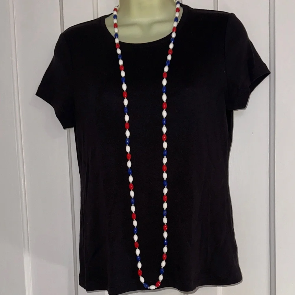 Vintage Mid Century Red,‎ White & Blue Long Oblong Bead Necklace